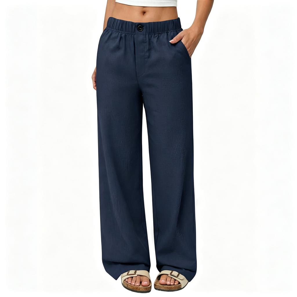 Women’s Loose Fit High Waist Elastic Waistband Wide Leg Pants with Pockets Comfortable Lightweight Trousers for Daily Wear