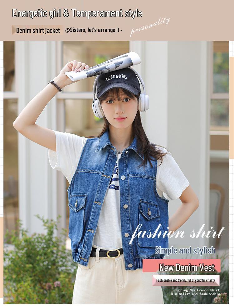 Trendy Korean-Style Blue Distressed Denim Vest for Women