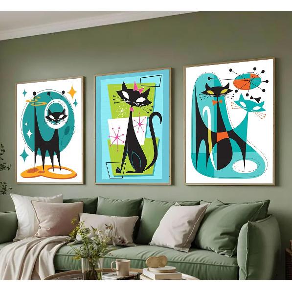 3pcs Funny Abstract Cat Canvas Wall Art Whimsical Futuristic Atomic Cats Posters Prints Modern Medieval Geometry Wall Decor Pictures for Living Room