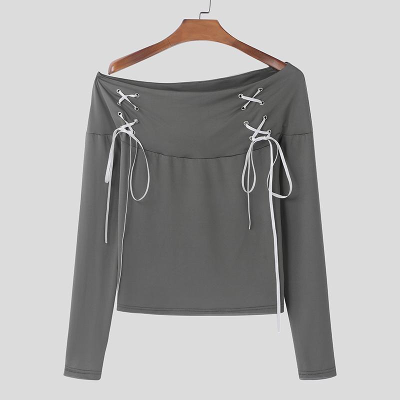 INCERUN Men Off Shoulder Bandage Lace Up Fitted Long Sleeve Crop Tops