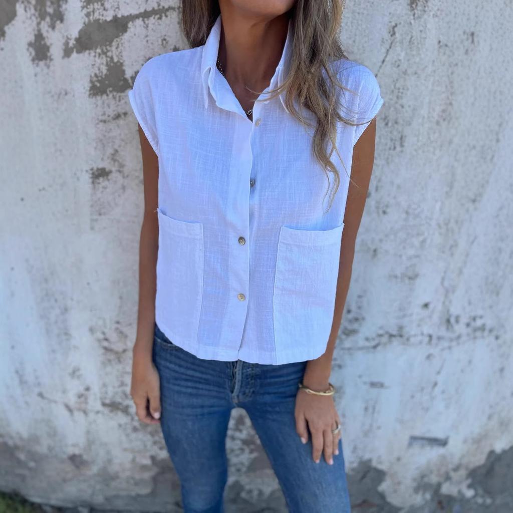 New Casual Summer Loose Short Sleeve Button Pocket Cotton and Linen Shirt Women
