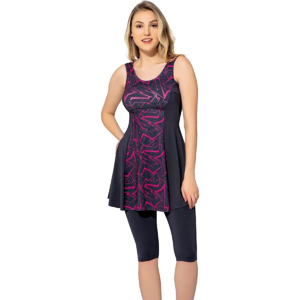 Women's Patterned Piece Tights Dress Swimsuit 6515 Patterned Black Plus Size