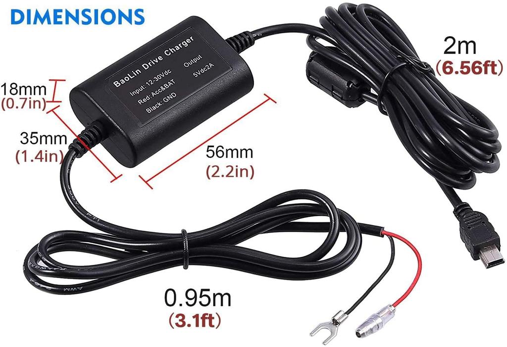 Justech Mini / Mirco USB Power Supply Direct Connection Cord for Car Dash Camera,