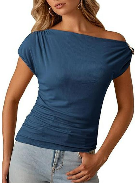 

2026 New European & American Women s Off-the-Shoulder Pullover Waist-Cinching Fashion T-Shirt Double Extra Large темно-синього кольору