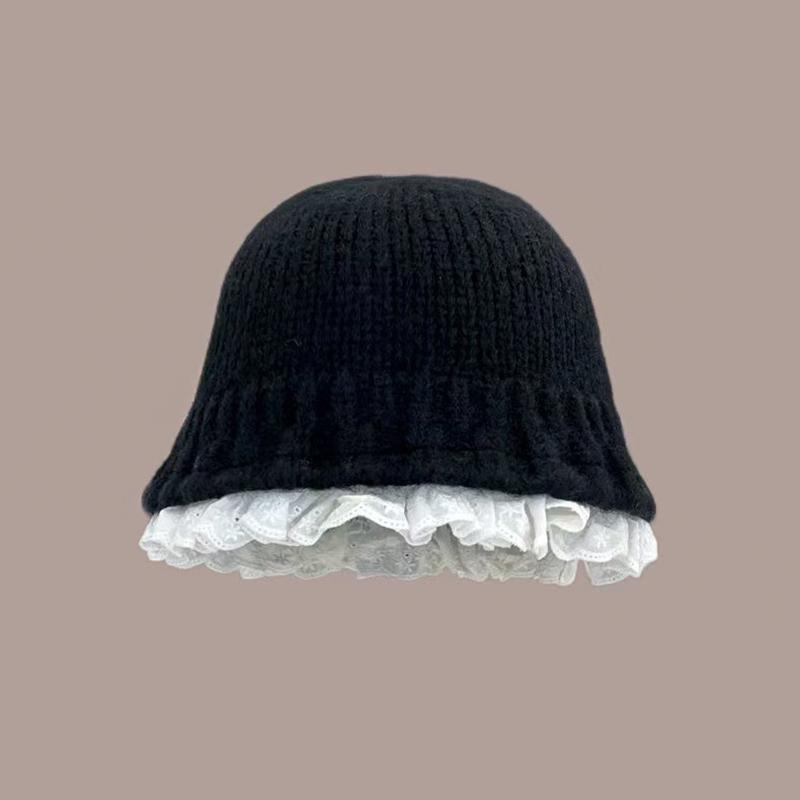 1PC Knitted Slimming Hat Oversized Fisherman Hat Fashionable Lace Elegant Trimmed Korean Bucket Warm 53-60cm