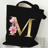 26 Golden Alphabet Floral Tote Bags for Women Large Capacity Canvas Casual New Flower Alphabet Printed Female Reusable Handbag
