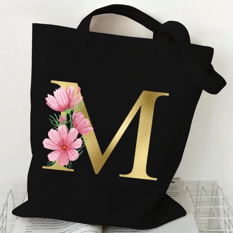 26 Golden Alphabet Floral Tote Bags for Women Large Capacity Canvas Casual New Flower Alphabet Printed Female Reusable Handbag