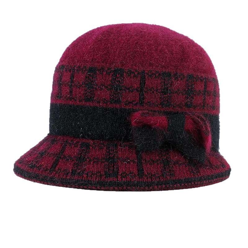 Middle-aged winter velvet thickened mother hat bow basin hat outdoor play rabbit fur warm knitted wool hat