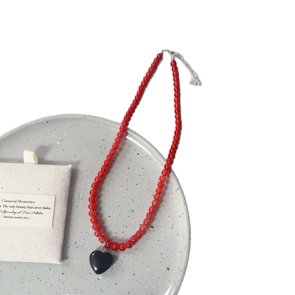 Candy Color Beaded Necklace Niche Design Fashion and Versatile Heart-shaped Necklace Women Girls Sweet Collarbone Chain Jewelry