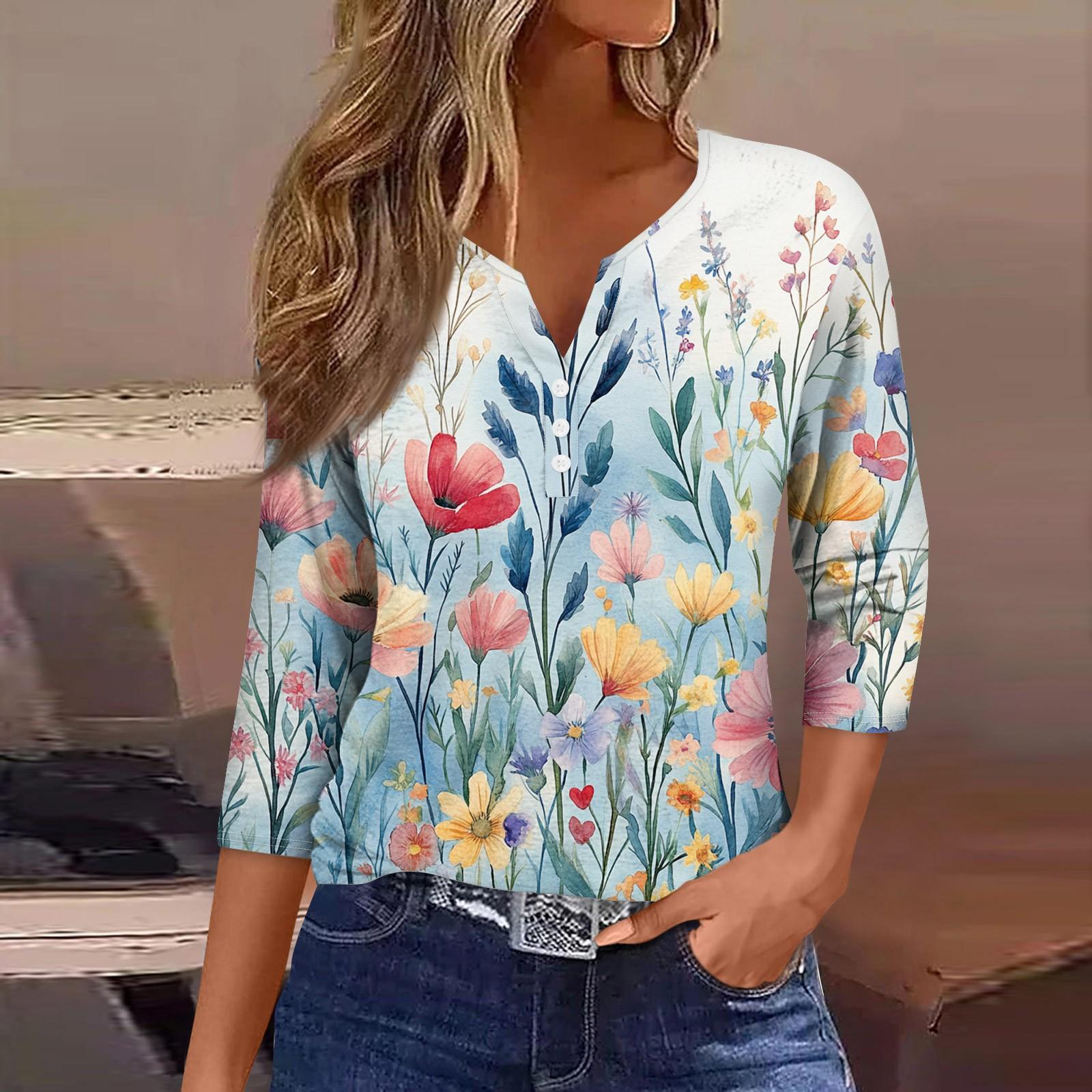 

Женский свободный повседневный топ с цветочным принтом и V-образным вырезом с рукавами семь четвертей Топ с V-образным вырезом и рукавами семь четвертей XXL