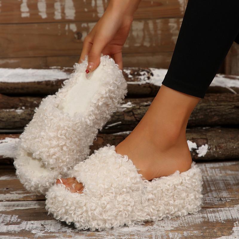 One-word Cotton Slippers Women's Thick-soled High-heeled Autumn and Winter New Large-size Fluffy Slippers Women's Outer Slippers