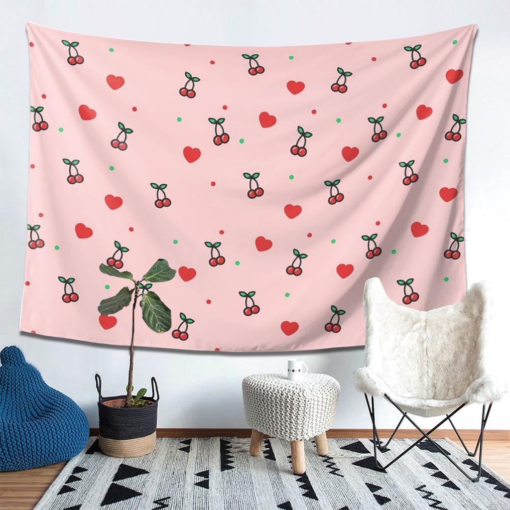 Cherry Heart Design Pattern With Pink Background Tapestry Wall Hanging Aesthetic Home Decor Tapestries for Living Room Bedroom