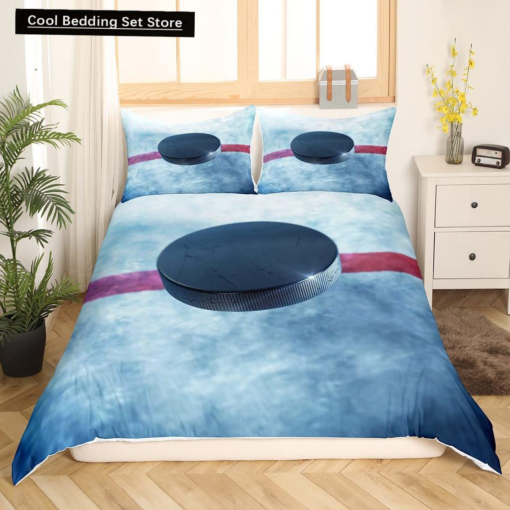 Comforter Ice Hockey Puck Hockey Player Winter Event Bedding Set Boys Sports Game Black Polyester Comforter