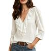 New Women's Long Sleeve V-neck Ruffle Solid Color Elegant Slim Fit Casual Versatile Top for European American Women