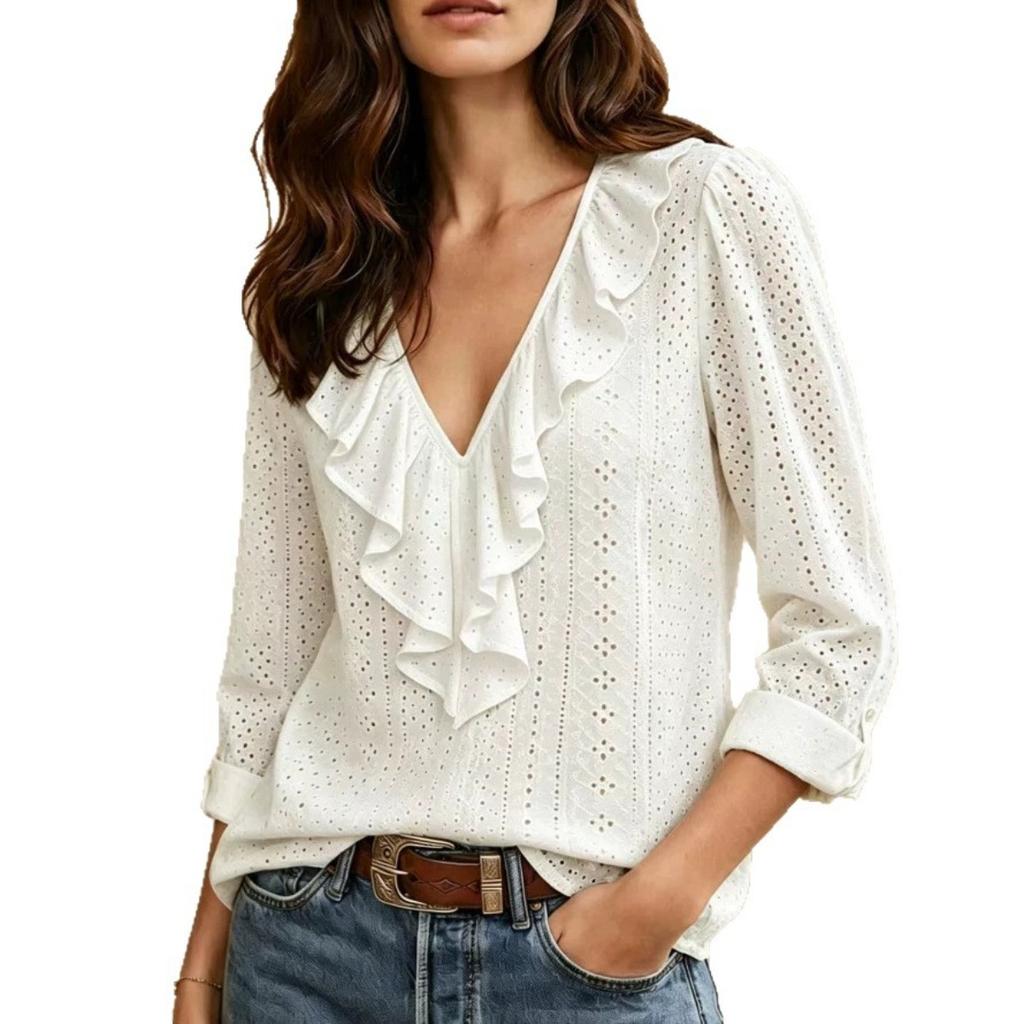 New Women's Long Sleeve V-neck Ruffle Solid Color Elegant Slim Fit Casual Versatile Top for European American Women
