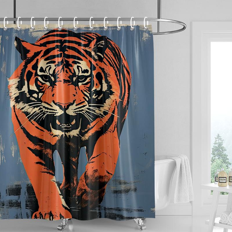 Artistic Tiger Print Shower Curtain Waterproof Bathroom Decorative Animal Theme Partition Curtain with 12 Hooks 240x180cm