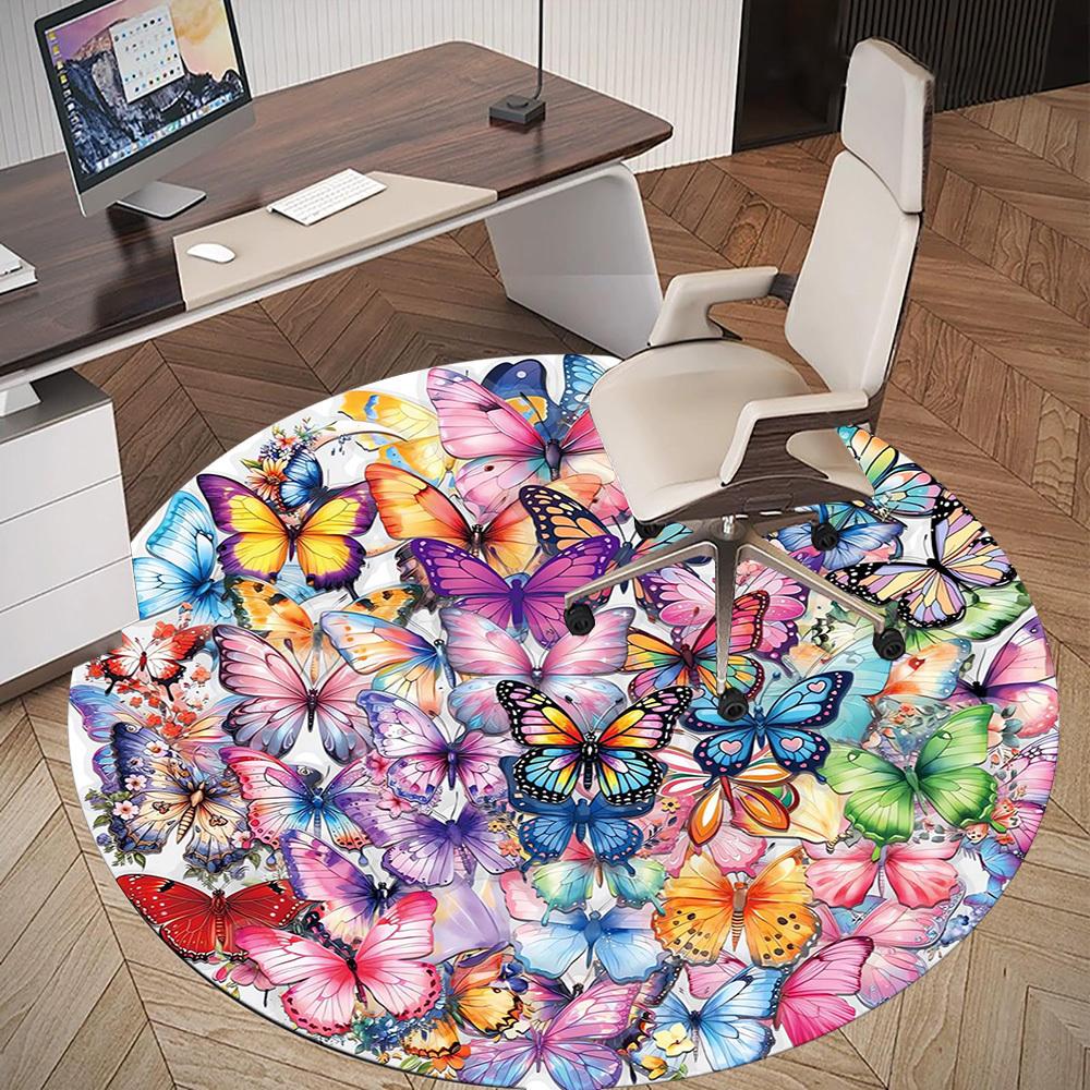 1pc Butterfly Mandala Pattern Office Round Rugs, Under Chair Round Rugs for Living Room, Bedroom, Bathroom Decoration Carpet 091859