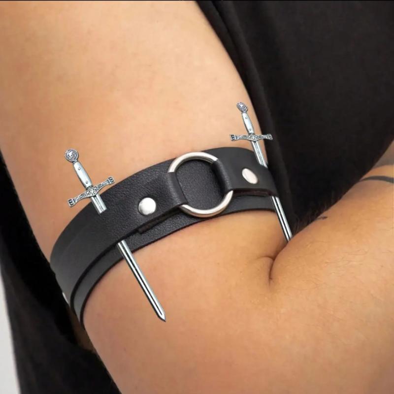3Pcs Punk Black Leather Arm Bands With Metal Double Sword Upper Arm Bracelet Gothic Halloween Cosplay Accessories