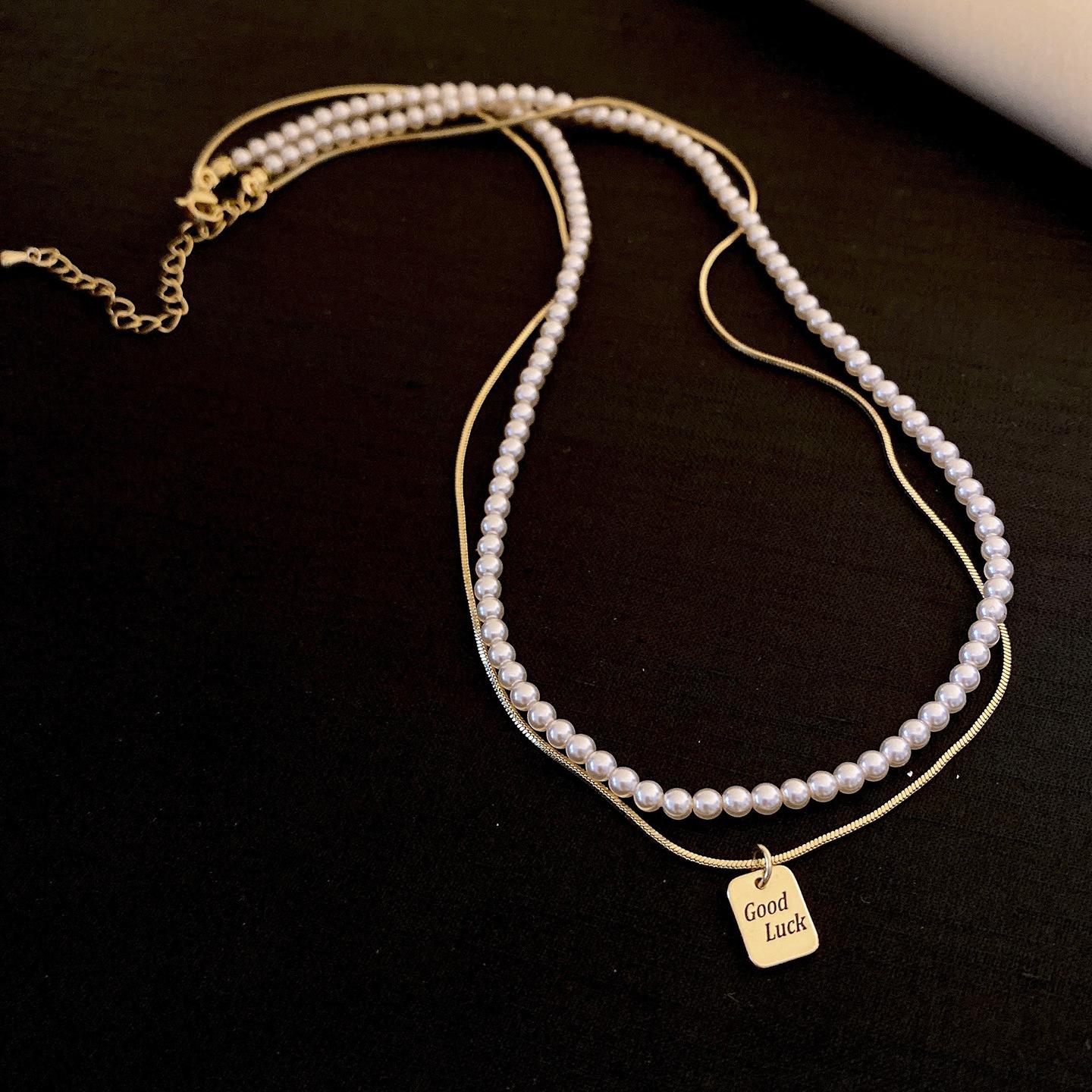 

14K real gold electroplated double-layer square pearl necklace collarbone chain jewelry women s necklace jewelry