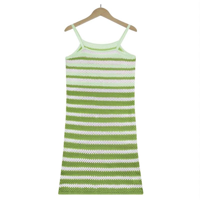 Summer Sexy Backless Knitted Halter Dress Striped Color Blocking Beach Dress Female