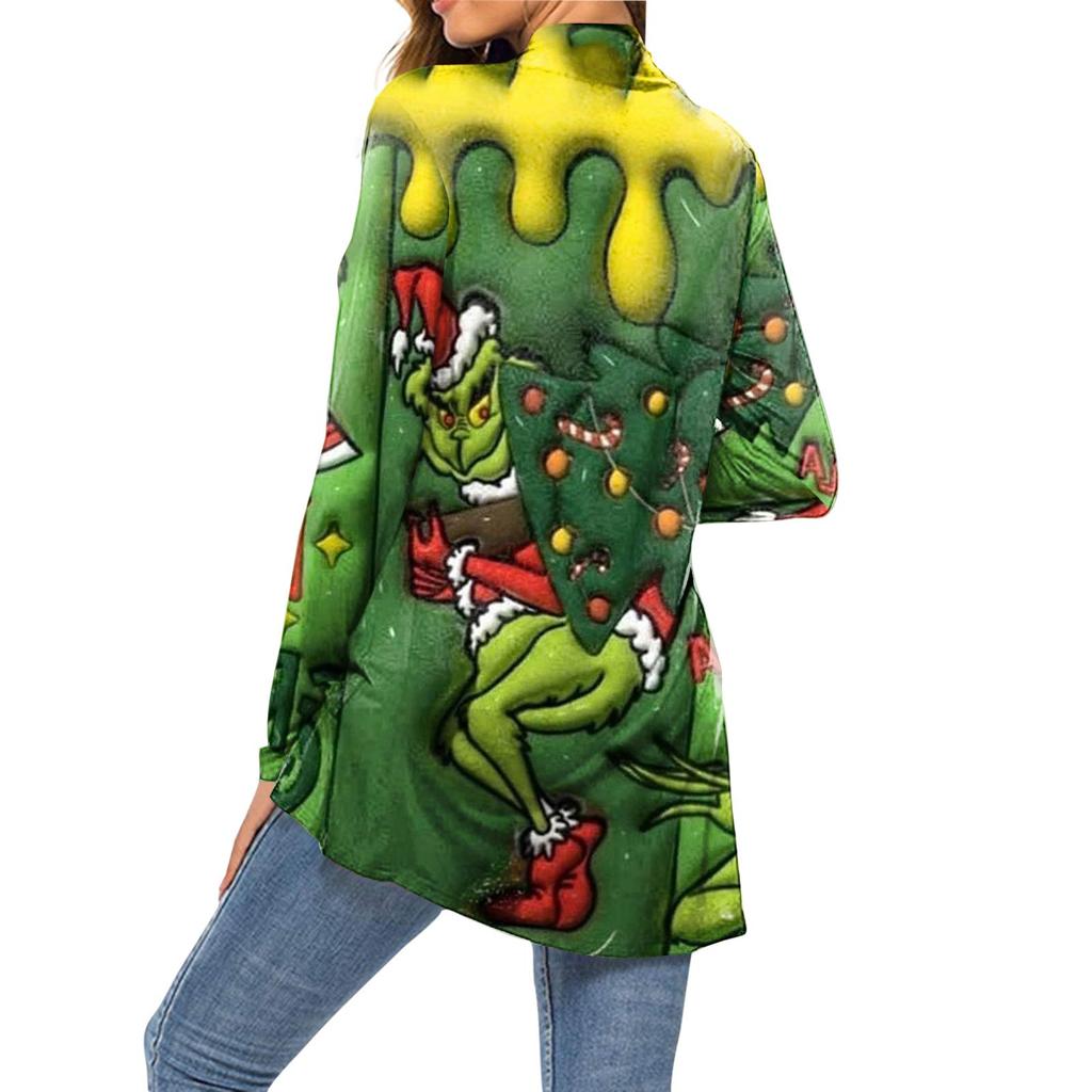 Women's Fashion Christmas Print Long-Sleeved Pocketed Slim-Fit Cardigan Coat