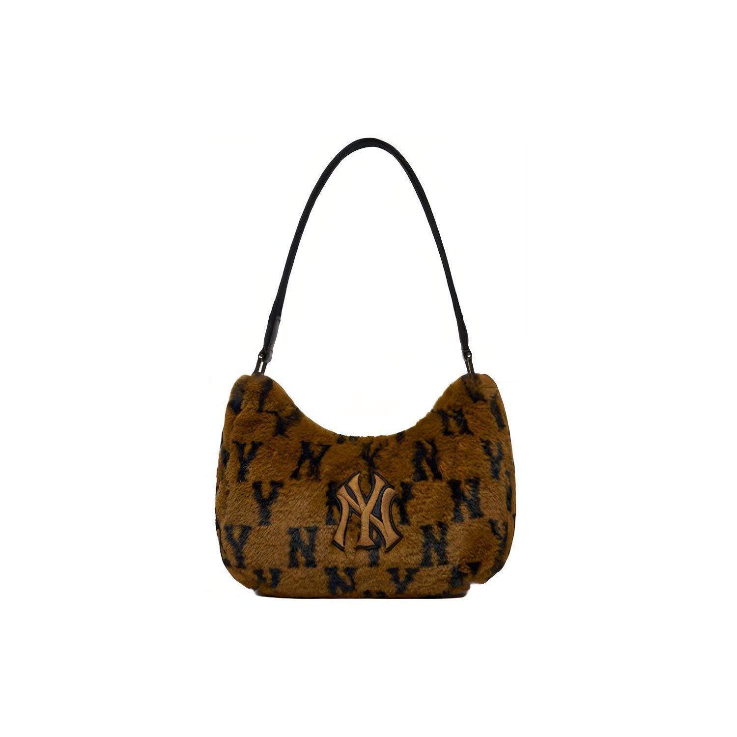 

MLB Monogram Series Vintage All Over Print NY Yankees Logo Lambswool Plush Mahjong Bag Shoulder Tote Women Bags Brown 3ABQS0316-50BRS Coffee