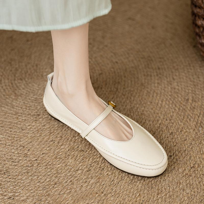 Fashion 2024 New Spring Women Flats Round Toe Low Heel Genuine Leather Women Shoes Buckle Strap Mary Janes Concise Ladies Shoes