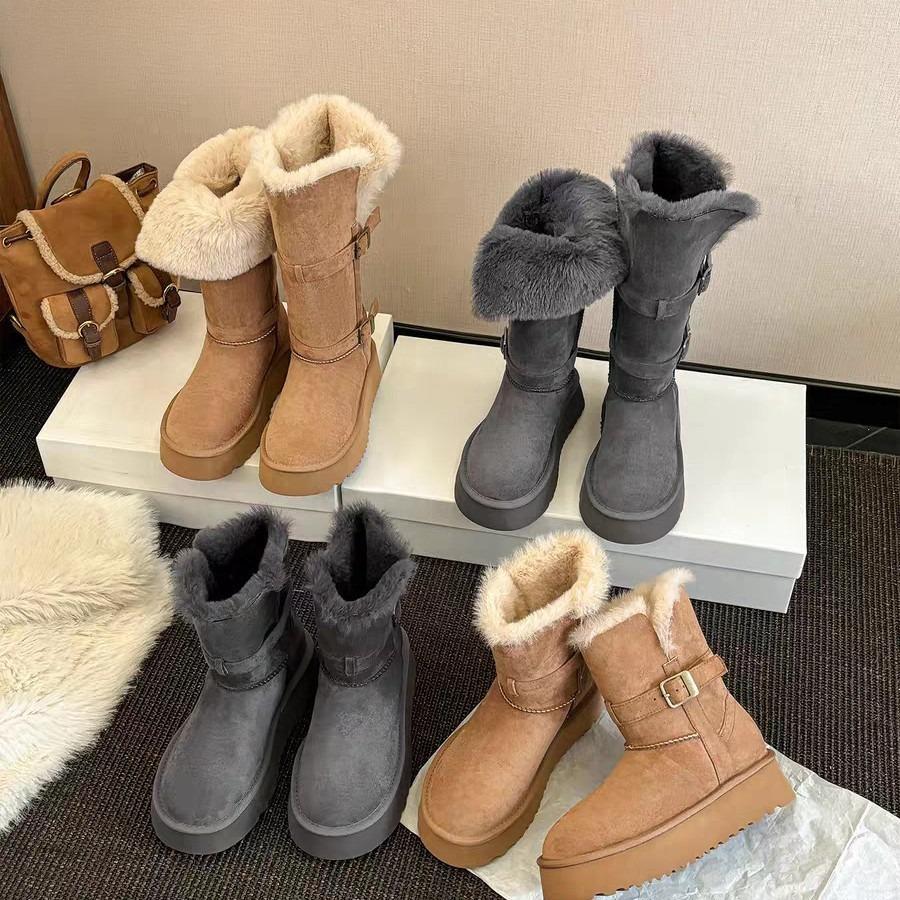 Women's fashionable mid-length lightweight height-enhancing soft sole winter warm fur one snow boots velvet lined non-slip casual sports cotton boots