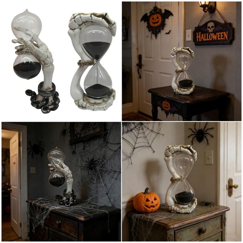 Resin Skull Sand Timer Statues Collectible Figurines Decorative Ornament Scary Halloween Decorations for Home Office