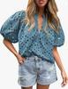 Women's V-Neck Lace Embroidery Lantern Sleeve Summer Top