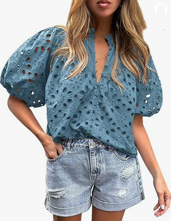 Women's V-Neck Lace Embroidery Lantern Sleeve Summer Top