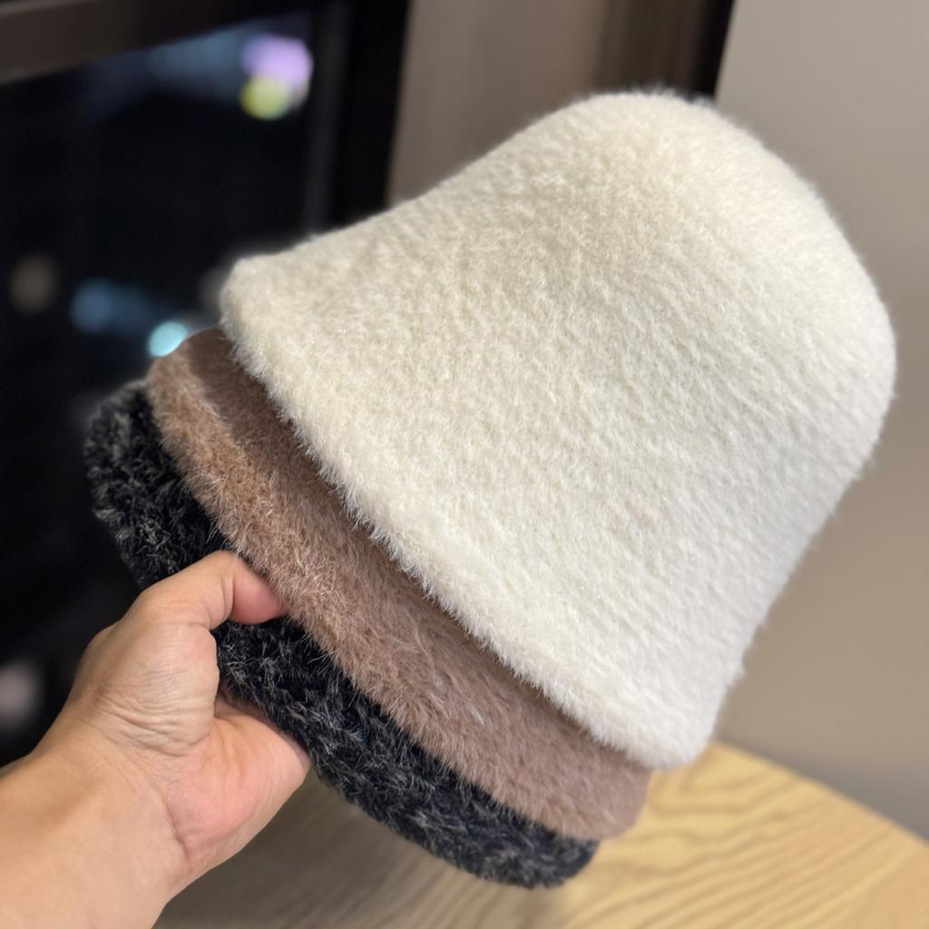 New All-match Thick Furry Knitted Fisherman Hat for Women in Autumn and Winter To Prevent Cold and Keep Warm and Show Face Small Bucket Hat Basin Hat