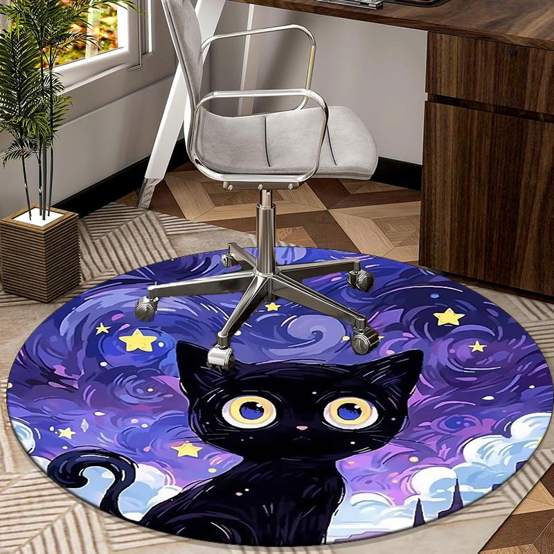 Starry Night Cat Round Carpet Chair Cushion Round Entryway Rug, Soft Round Rugs for Living Room, Bedroom, Circle Carpet Decor Gifts