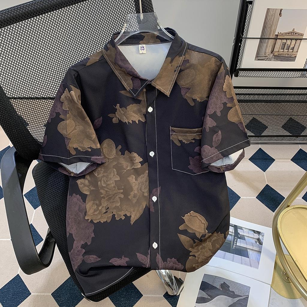 Summer Flower Full Printed Short Sleeve Printed Shirt Men's Seaside High-Grade Thin Casual Seaside Holiday Shirt Half Sleeve Top