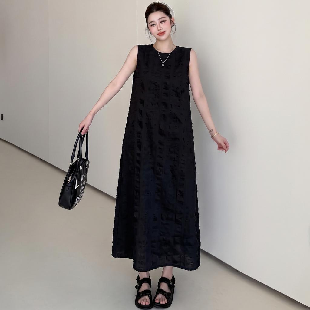 DIMANAF 2026 Summer New Plus Size Women Black Sleeveless Maxi Dress Elegant A-Line Solid Long Vest Dresses