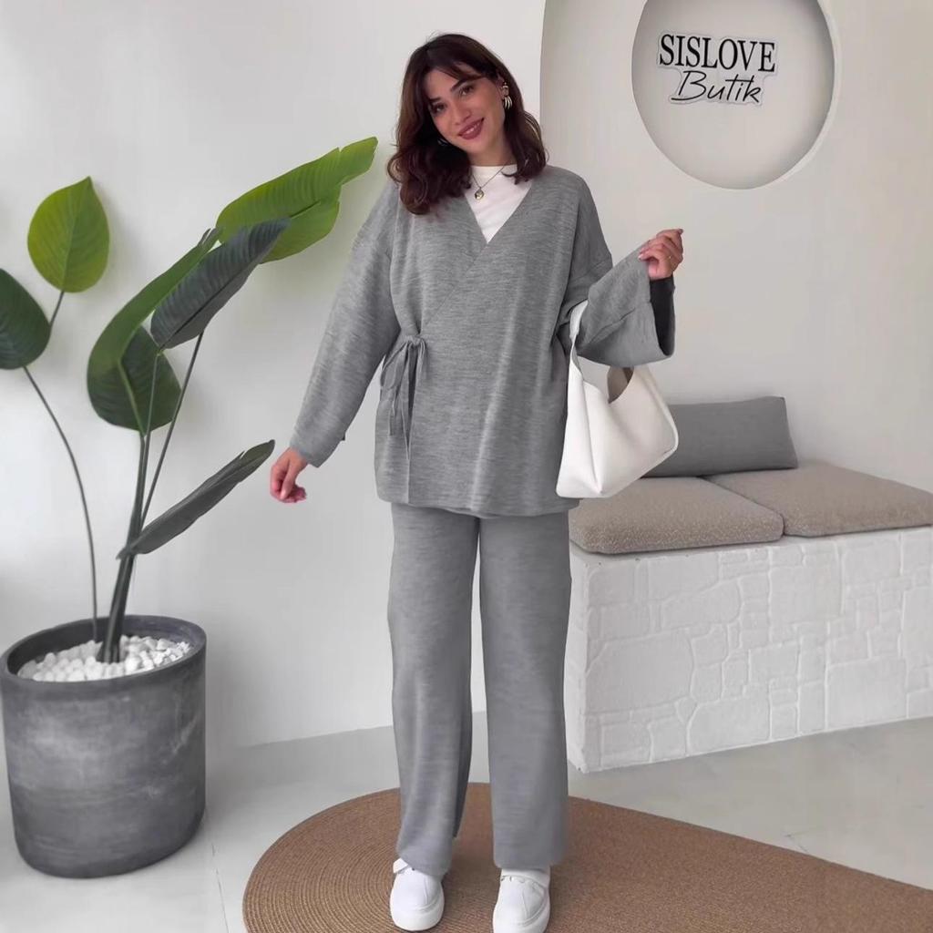 2025 Autumn Women's Crossover Collar Cardigan & Long Pants Set - Solid Color, Long Sleeve, Casual