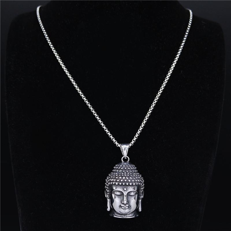 Bohemia Yoga Buddha Head Stainless Steel Necklace Women Silver Color Statement Necklaces Jewelry Collares Para Mujer NZZ64S04