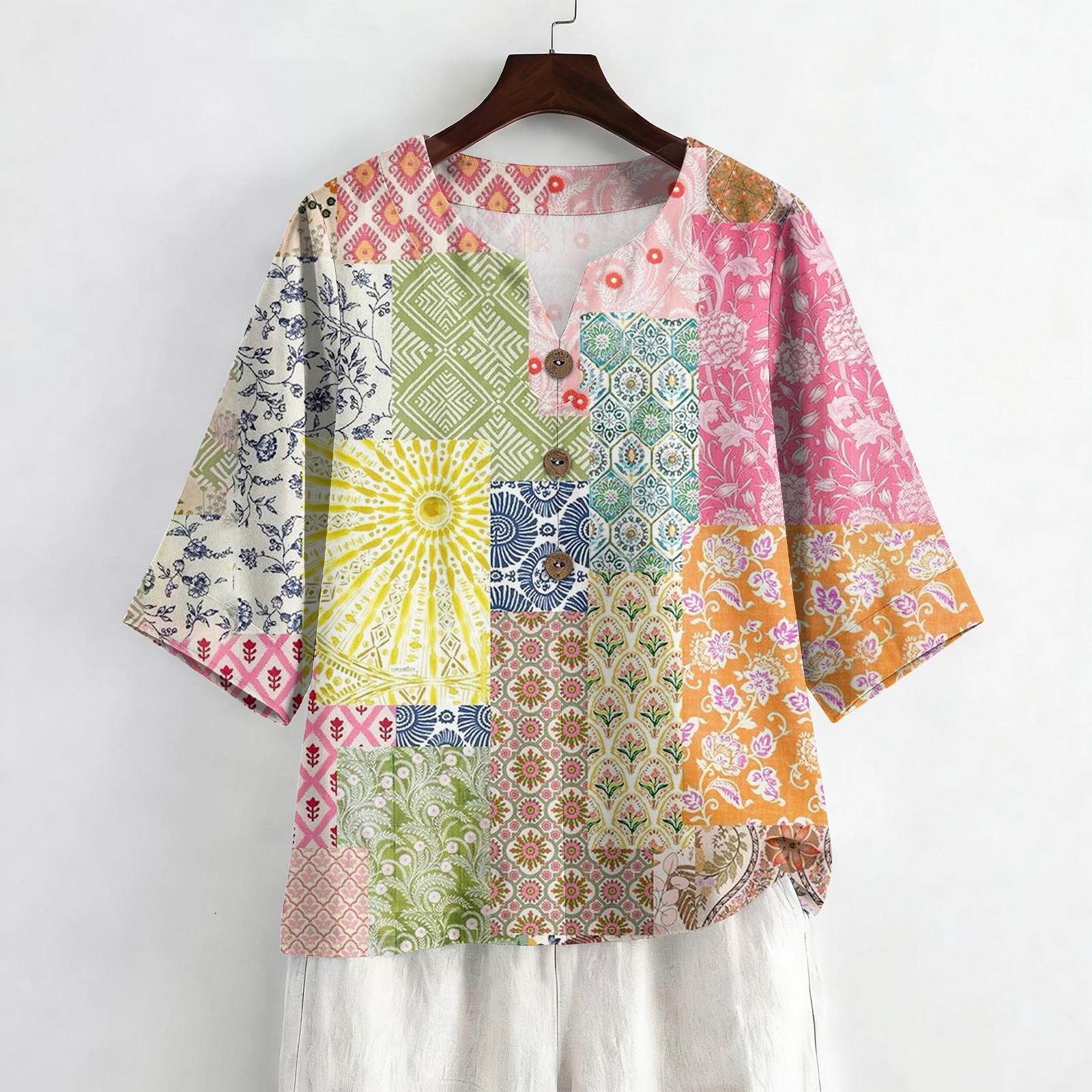 

Women s Summer Fashion V-Neck 3/4 Sleeve Shirt Casual Loose-Fit Vintage Print Top XL кавун червоний колір