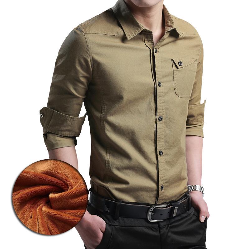 

Мужская хлопковая рубашка с флисовой подкладкой, военного кроя, приталенная, с длинным рукавом - Повседневный теплый модный тренд L