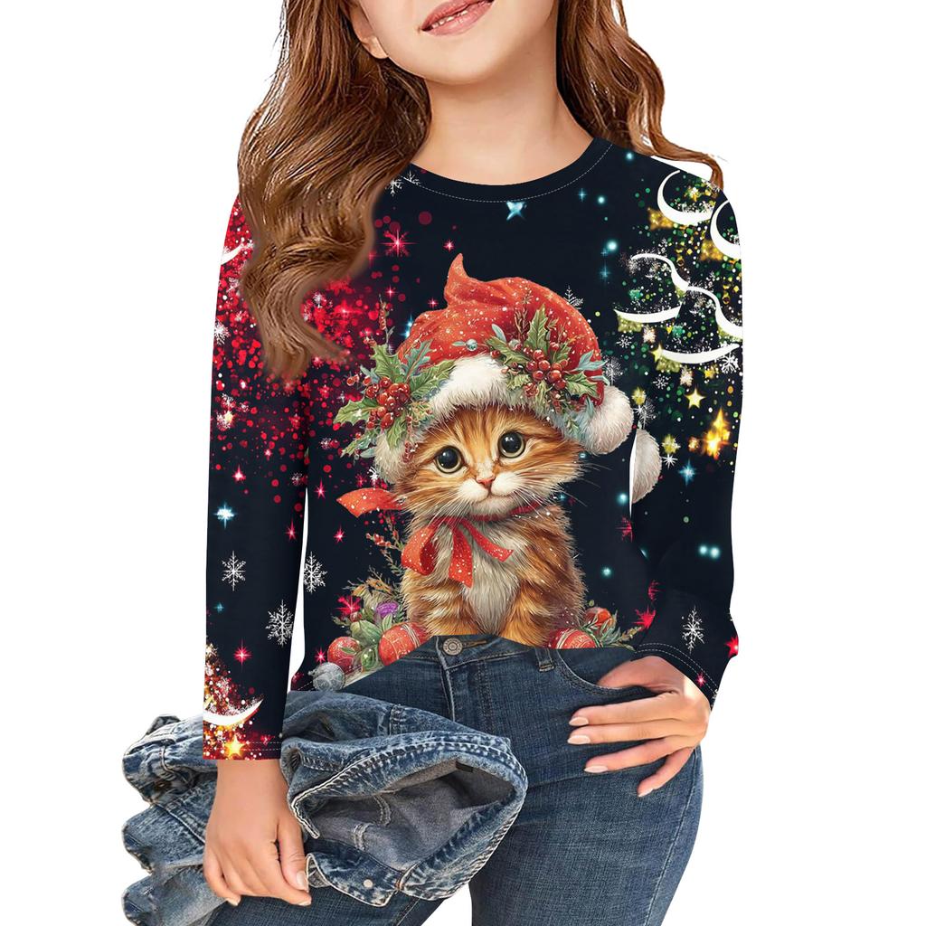 Christmas Day Girls Long Sleeve T Shirts Kids Fall Tops Crewneck Printed Basic Tees