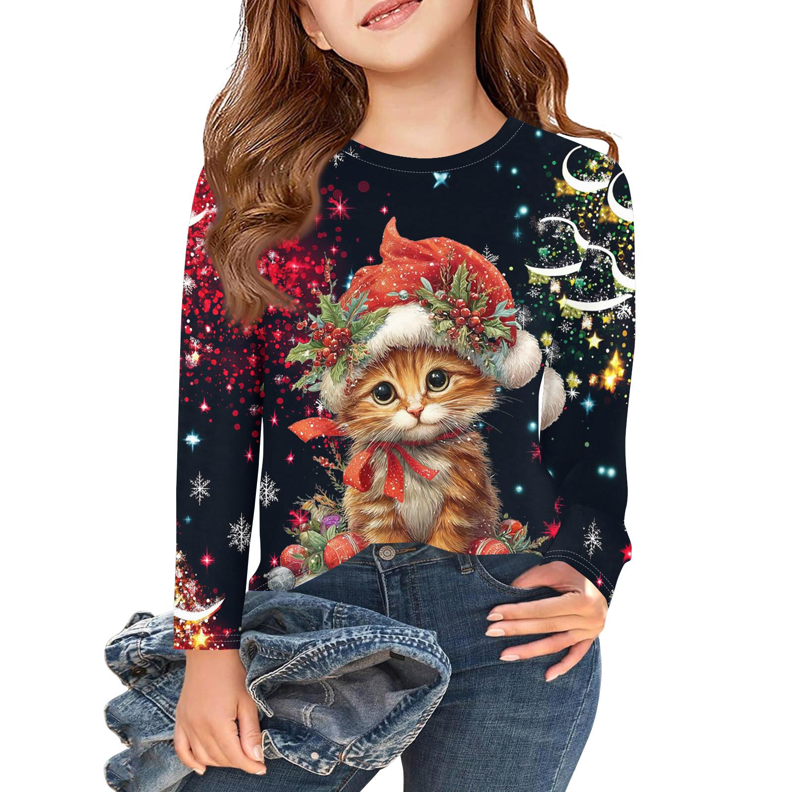 

Рождественские футболки с длинным рукавом для девочек, детские осенние топы с круглым вырезом и принтом, базовые футболки 150 чёрный