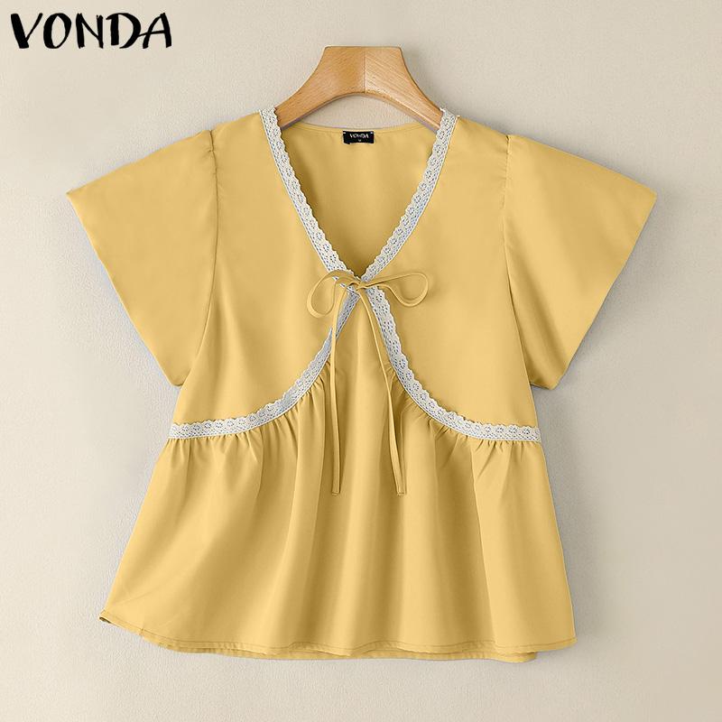 

VONDA Летние женские топы с V-образным вырезом, пышными короткими рукавами, сшивкой, повседневная блузка 3XL жёлтый