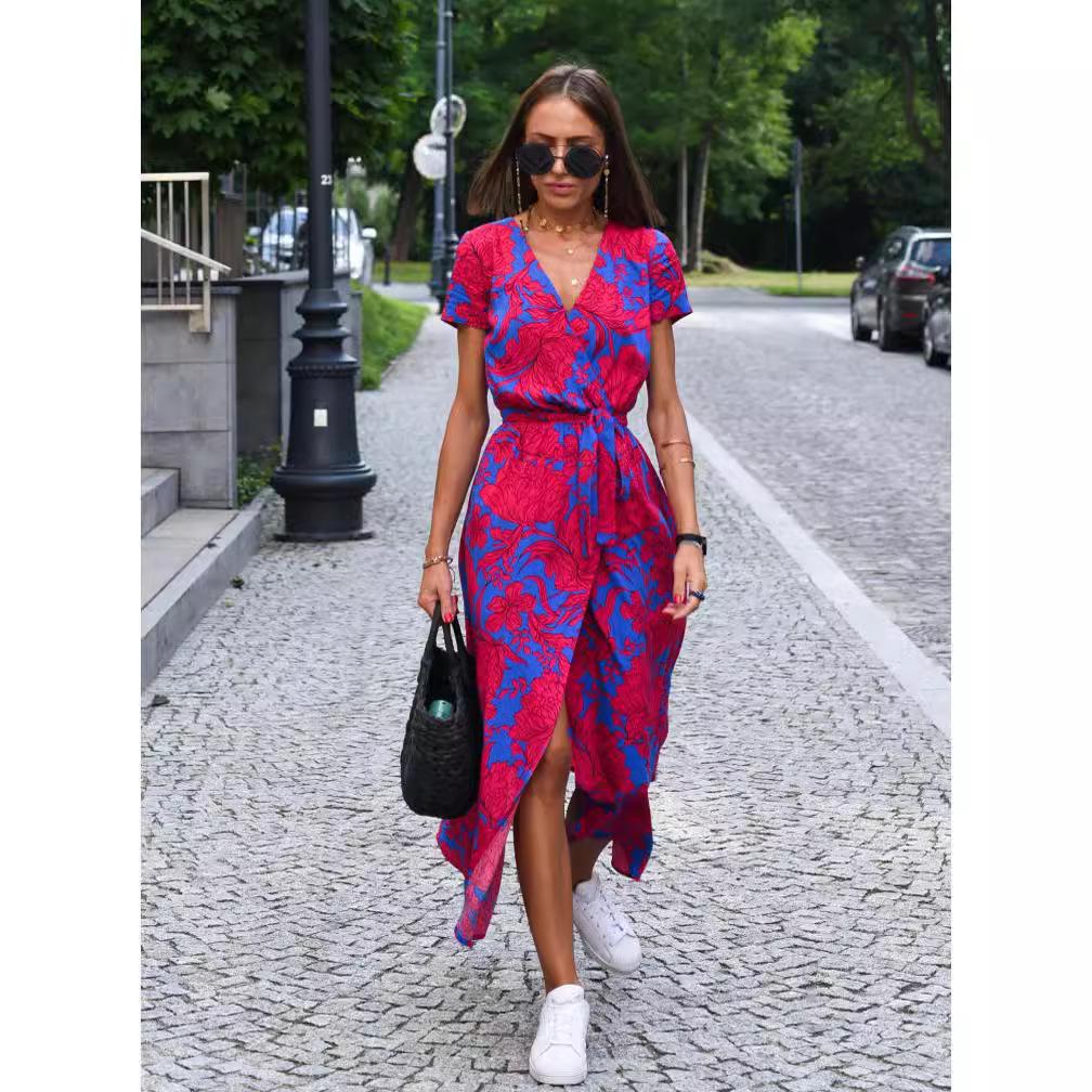 Summer Floral Print Long Dresses Women Sexy V Neck Split Lace-up Dress Female Casual Elegant Short Sleeve Beach Dress Vestidos