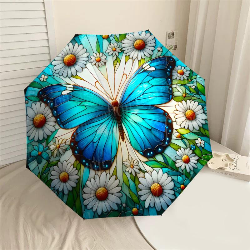 

1PC Butterfly DaisyAutomatic Open/Close Umbrella with Windproof, 8-Rib Sturdy Canopy, Durable Ribs, Fashionable Design, Outdoor Accessory, Fun Prin, H