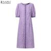 ZANZEA Women Casual Round Neck Loose Lace Patchwork Half Sleeve Dress