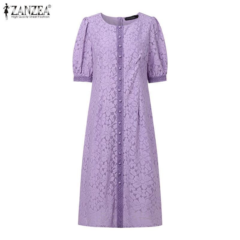 ZANZEA Women Casual Round Neck Loose Lace Patchwork Half Sleeve Dress