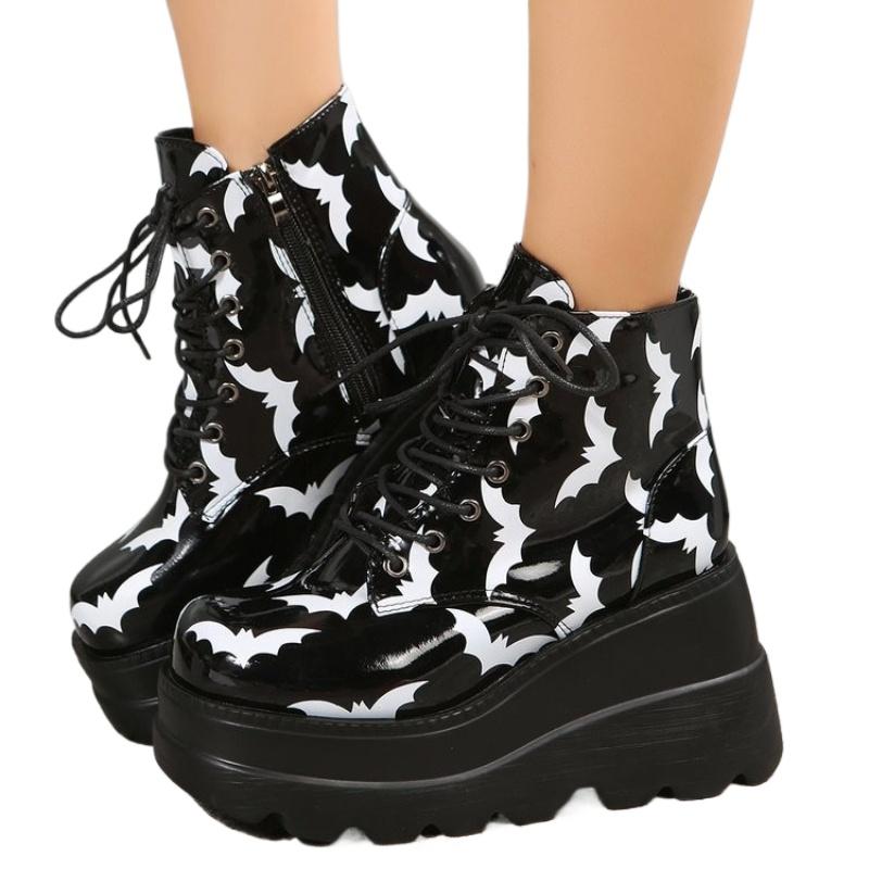 New Women's Boots Sponge Cake Thick Soled Patent Leather Short Boots Women's Printed Bat Ankle Boots Plus Size 35-43