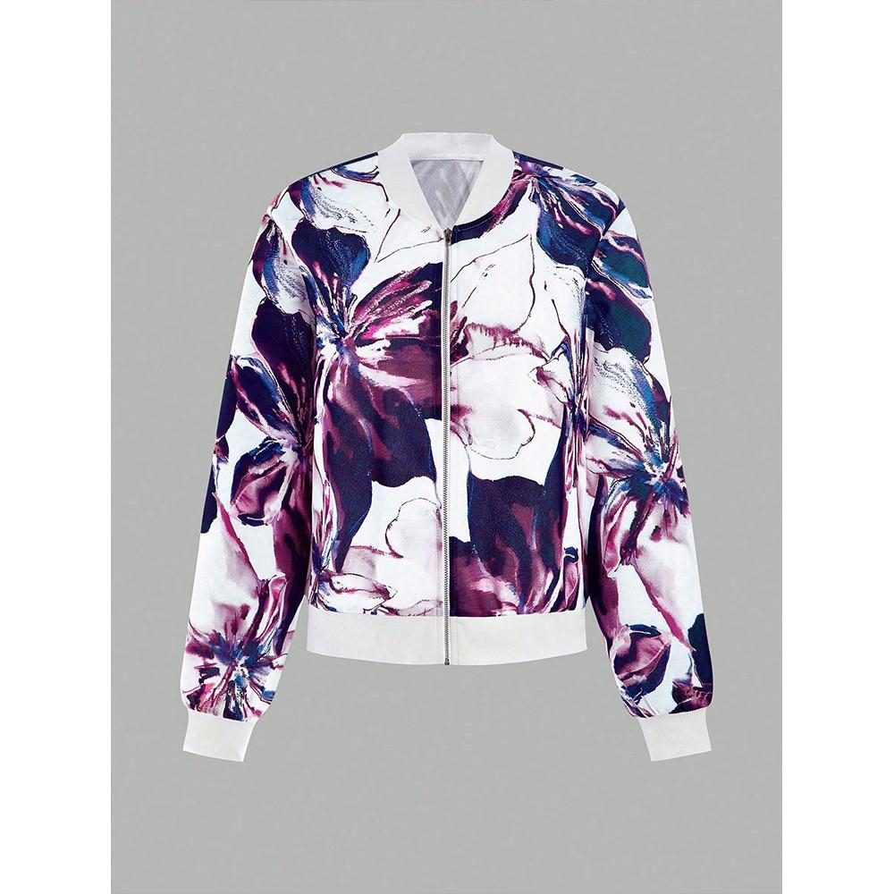 Women's Floral Print Baseball Collar Bomber Jacket Long Sleeve Zip Up Coat Outerwear