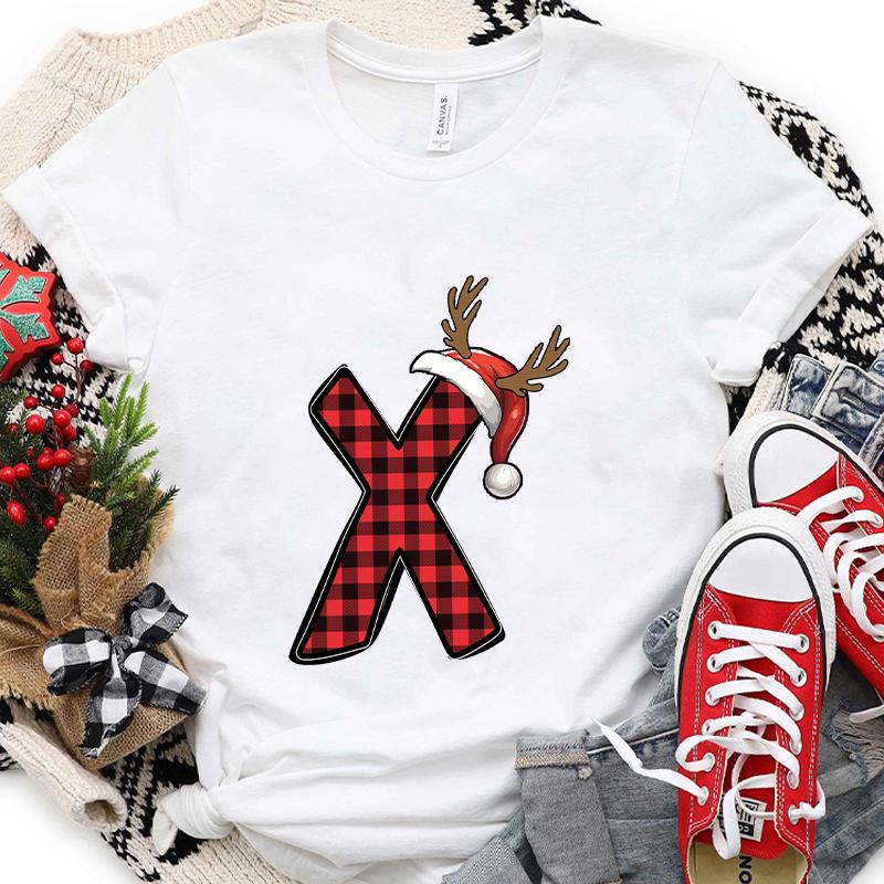 Christmas Alphabet AZ Letter Print Womens Tshirt Santa Graphic Casual Holiday Fashion Top Xmas Party Tees shirt for Women