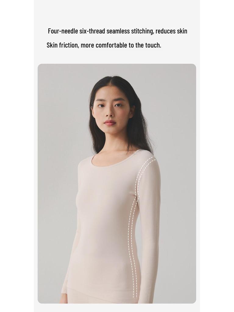 Women's 280g Extra Thick Pure Cotton Antibacterial Double-Brushed Round Neck Thermal Top